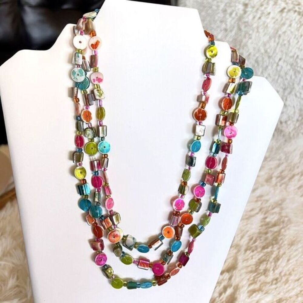 17" Multi-Strand Multicolor Handmade Statement Necklace / Boho Style / Shell - Picture 10 of 12